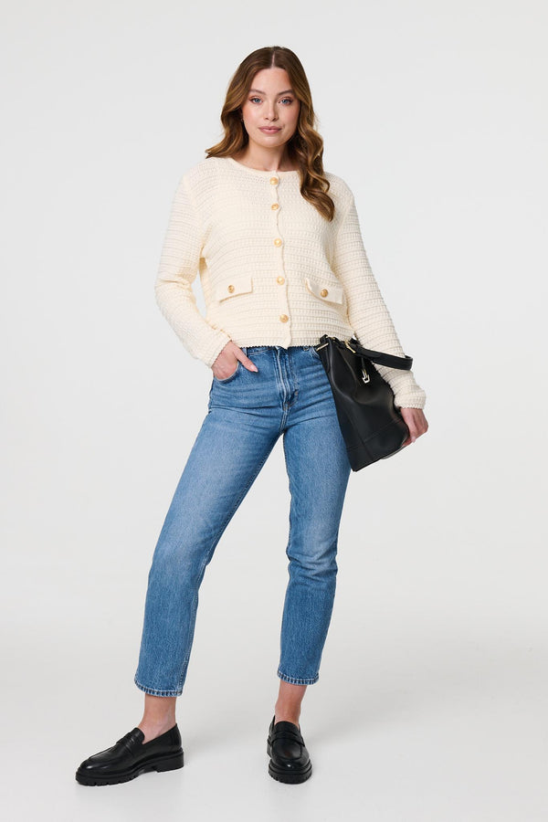 Cream | Textured Knit Metallic Button Cardigan
