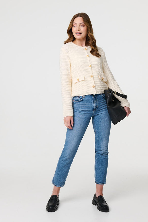 Cream | Textured Knit Metallic Button Cardigan
