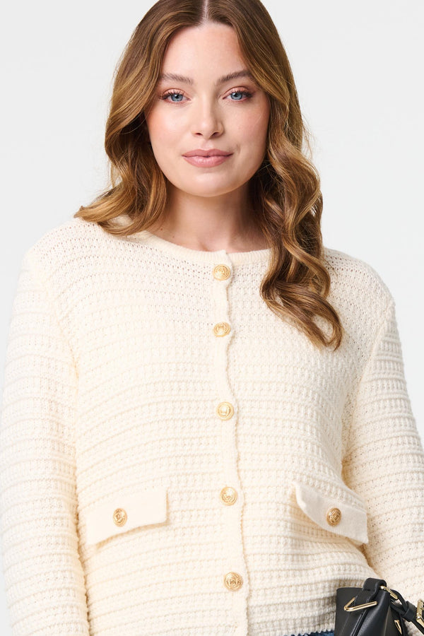Cream | Textured Knit Metallic Button Cardigan
