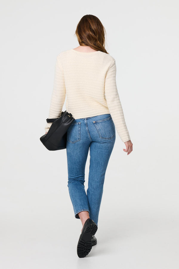 Cream | Textured Knit Metallic Button Cardigan
