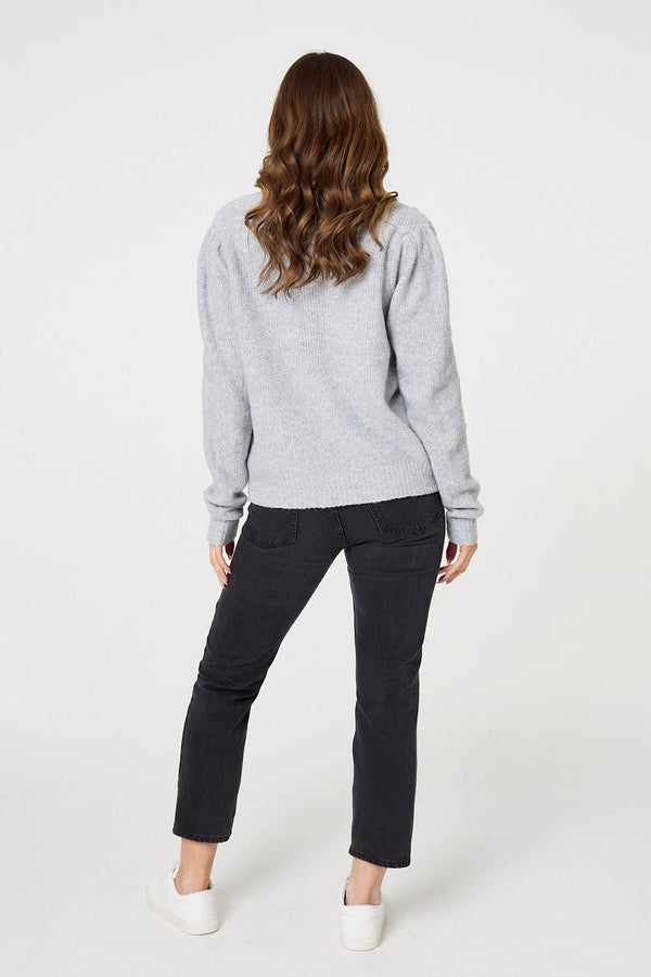 Grey | Floral Embroidered Cropped Cardigan
