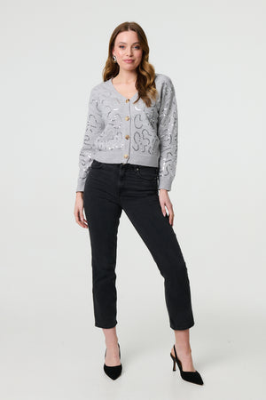 Grey | Sequin Embellished Cropped Cardigan
