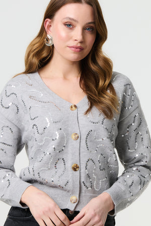 Grey | Sequin Embellished Cropped Cardigan
