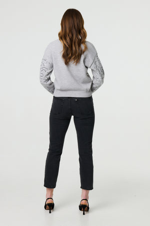Grey | Sequin Embellished Cropped Cardigan
