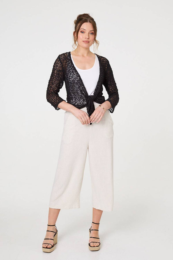 Black | Crochet Open Knit Waterfall Cardigan
