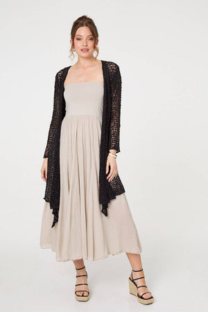 Black | Crochet Knit Longline Waterfall Cardigan
