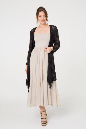 Black | Crochet Knit Longline Waterfall Cardigan
