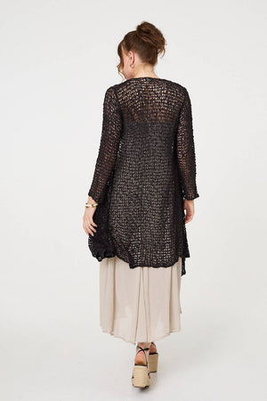 Black | Crochet Knit Longline Waterfall Cardigan
