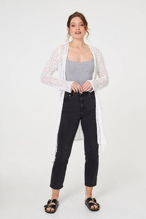 White | Crochet Knit Longline Waterfall Cardigan
