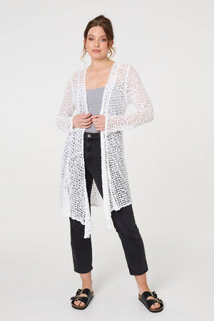 White | Crochet Knit Longline Waterfall Cardigan
