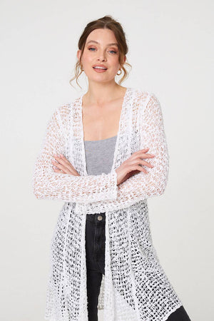 White | Crochet Knit Longline Waterfall Cardigan
