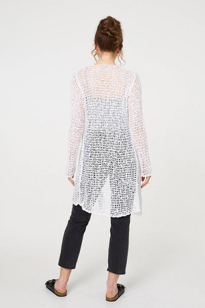 White | Crochet Knit Longline Waterfall Cardigan
