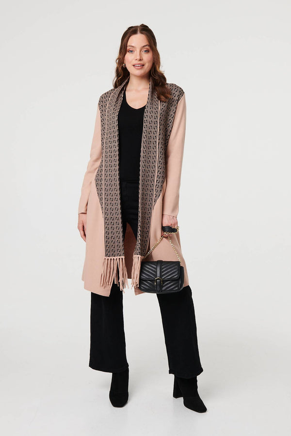 Beige | Printed Fringed Scarf Detail Long Jacket