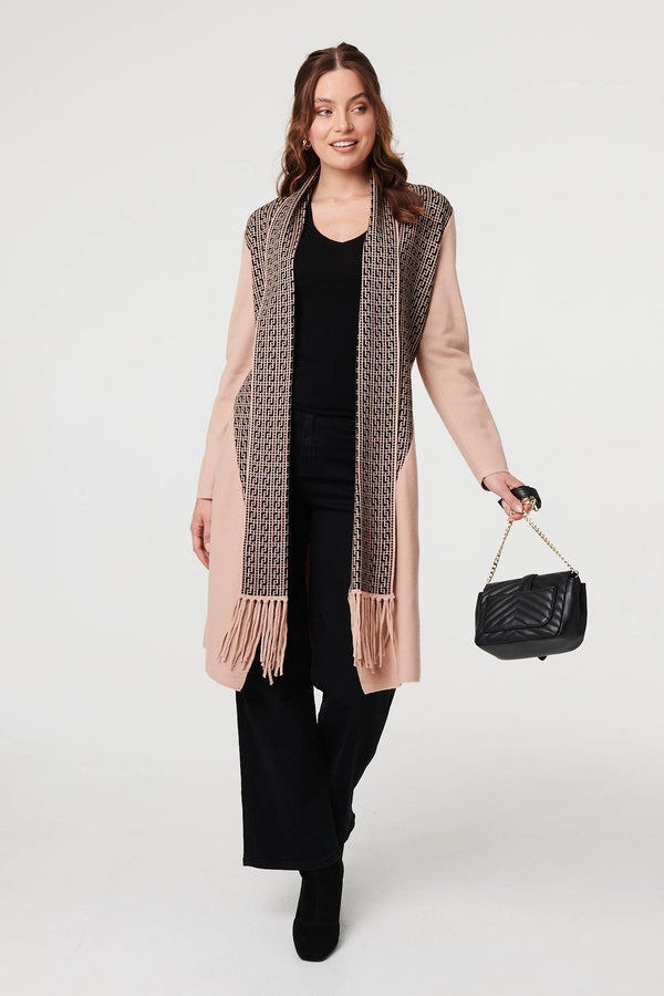 Beige | Printed Fringed Scarf Detail Long Jacket