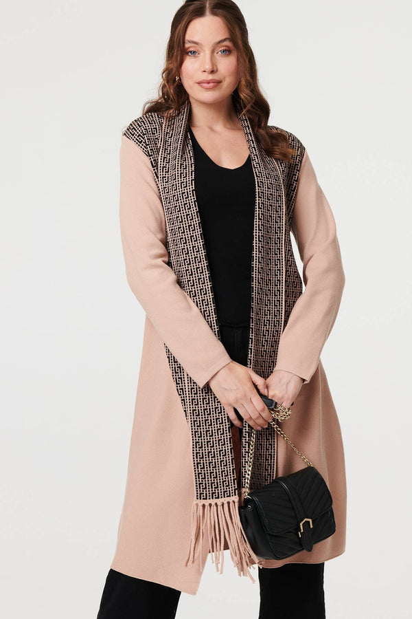 Beige | Printed Fringed Scarf Detail Long Jacket