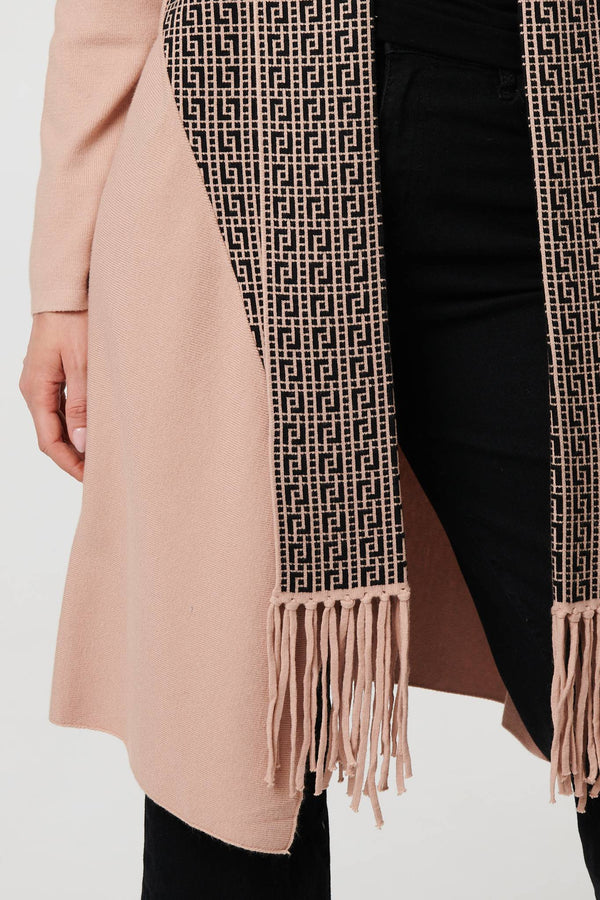 Beige | Printed Fringed Scarf Detail Long Jacket