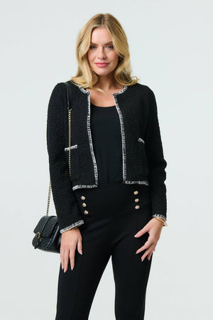 Black | Contrast Stitch Trim Cropped Jacket
