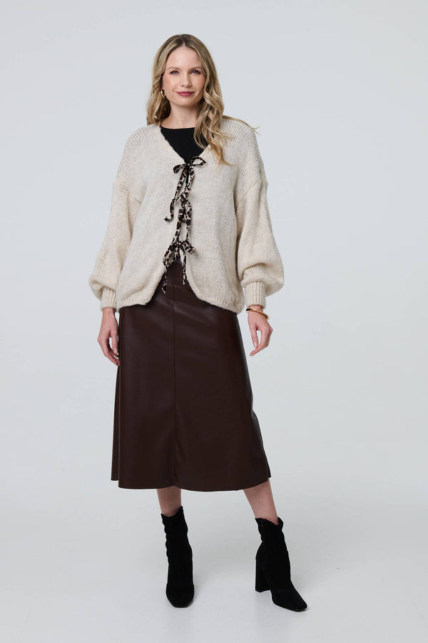 Cream | Animal Print Tie Balloon Sleeve Cardigan
