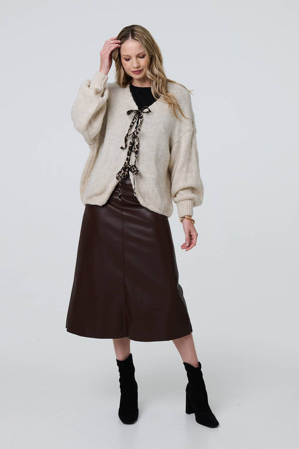 Cream | Animal Print Tie Balloon Sleeve Cardigan
