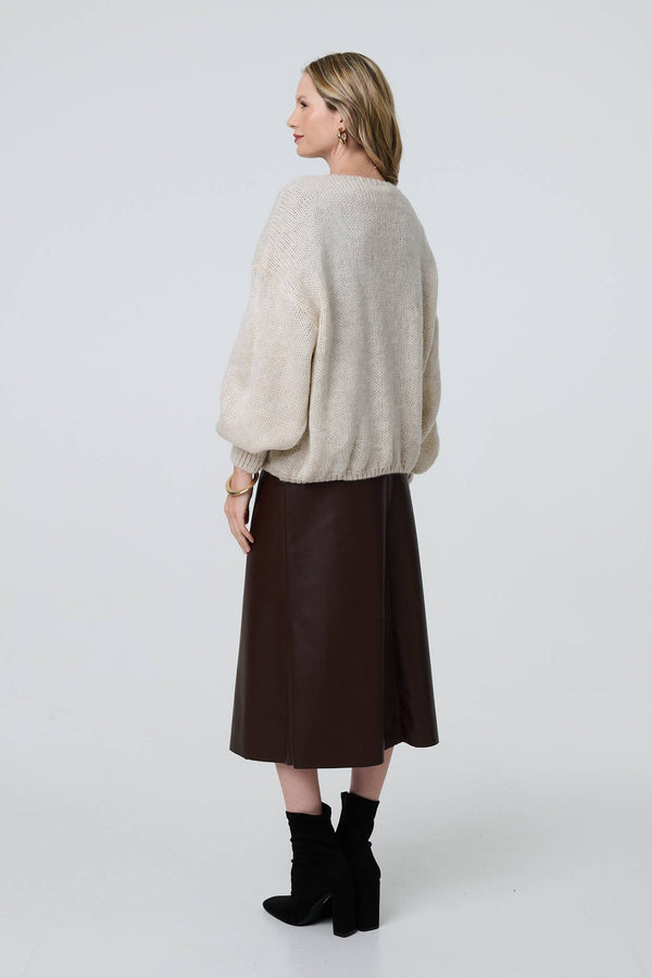 Cream | Animal Print Tie Balloon Sleeve Cardigan
