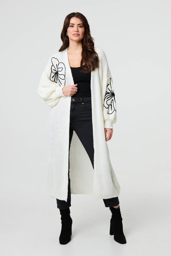 Ivory | Floral Embroidered Longline Open Cardigan
