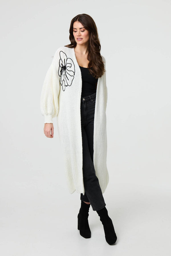 Ivory | Floral Embroidered Longline Open Cardigan
