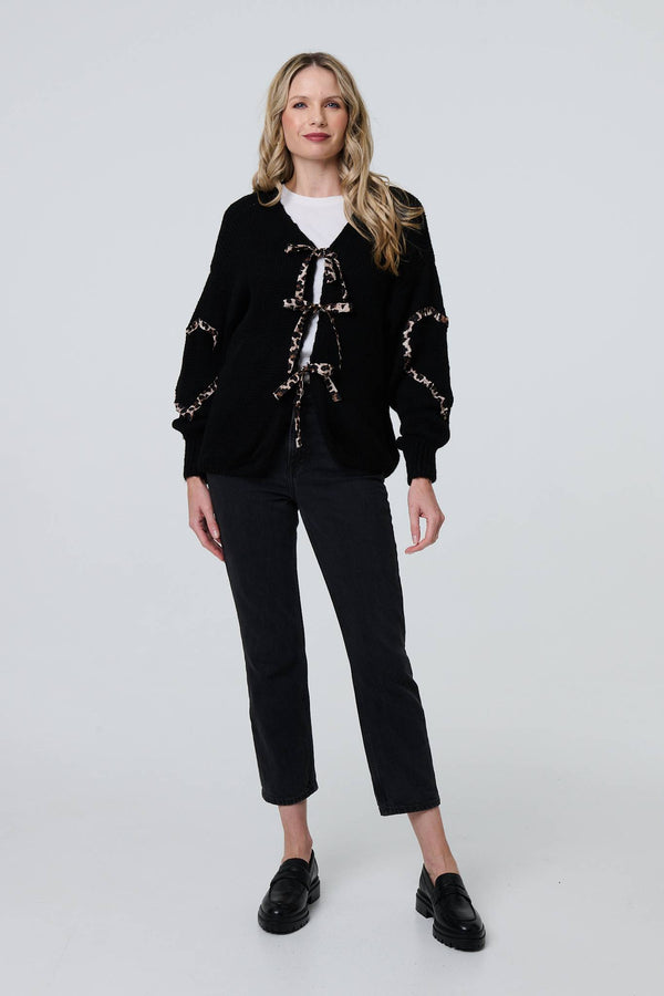 Black | Animal Print Trim Tie Front Cardigan
