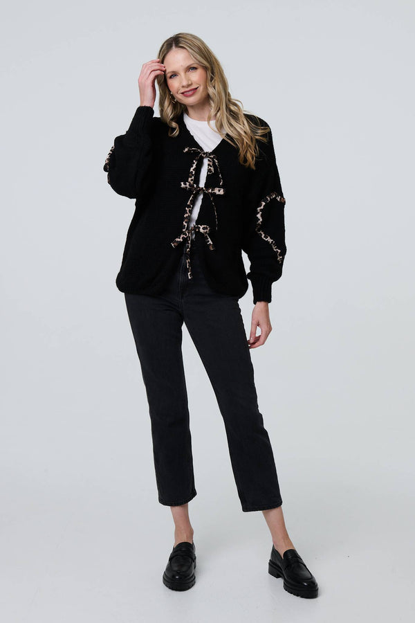 Black | Animal Print Trim Tie Front Cardigan
