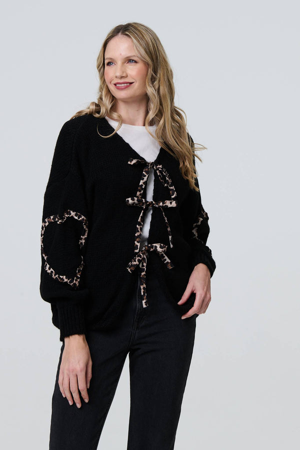 Black | Animal Print Trim Tie Front Cardigan
