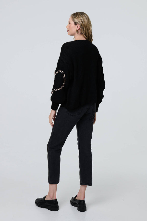 Black | Animal Print Trim Tie Front Cardigan
