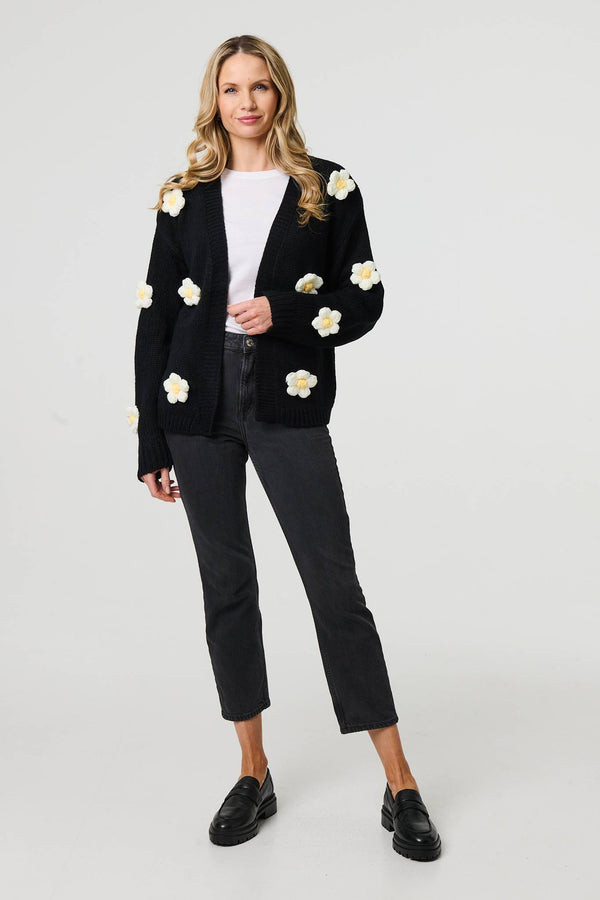 Black | Floral Crochet Embellished Wrap Cardigan
