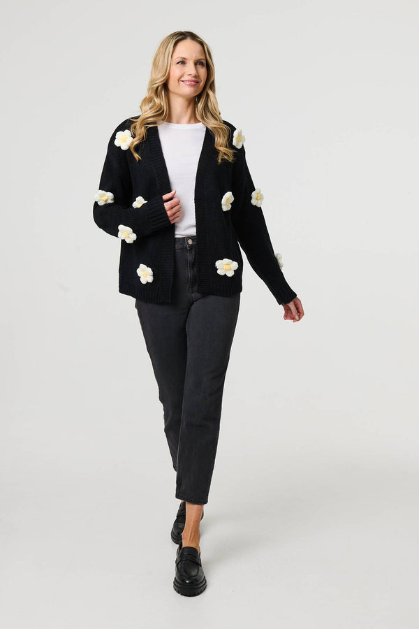 Black | Floral Crochet Embellished Wrap Cardigan
