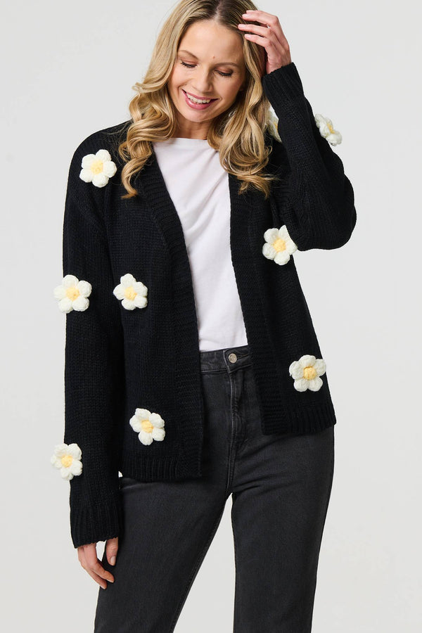 Black | Floral Crochet Embellished Wrap Cardigan
