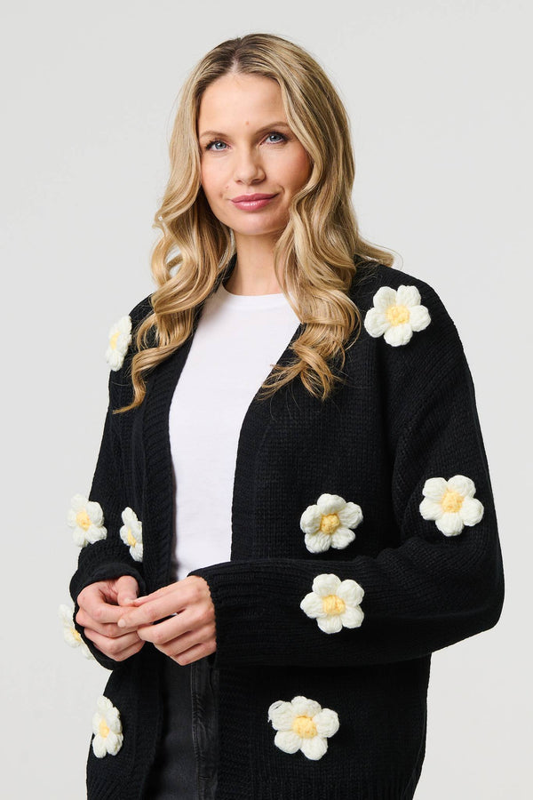Black | Floral Crochet Embellished Wrap Cardigan
