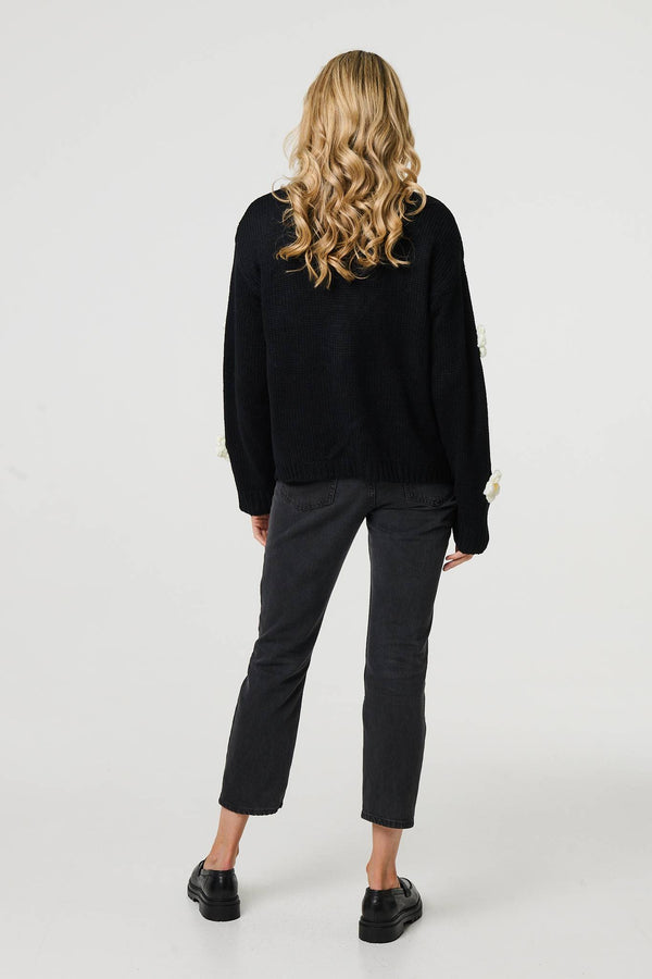 Black | Floral Crochet Embellished Wrap Cardigan
