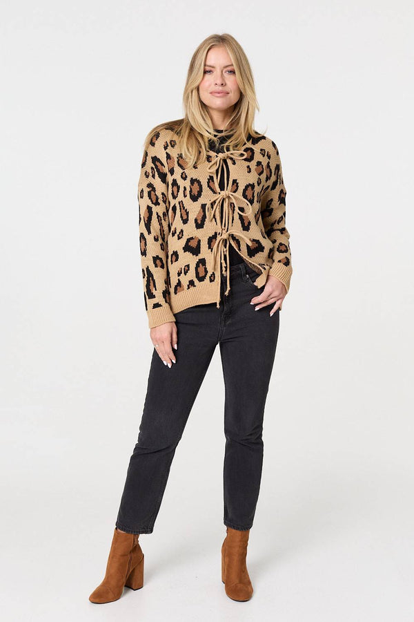 Brown | Animal Print Tie Front Cardigan
