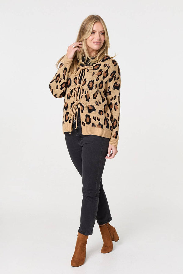 Brown | Animal Print Tie Front Cardigan
