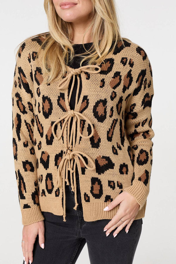 Brown | Animal Print Tie Front Cardigan
