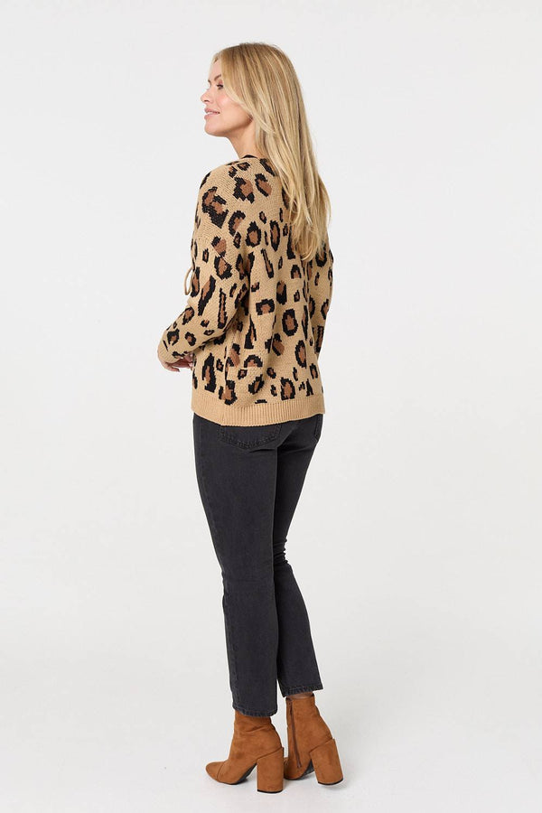 Brown | Animal Print Tie Front Cardigan
