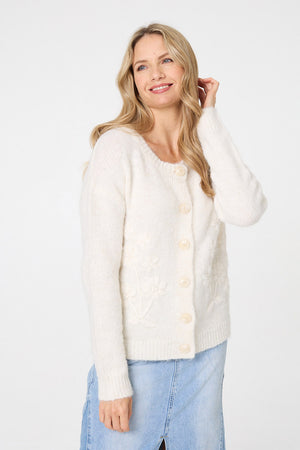 White | Floral Embroidered Textured Cardigan
