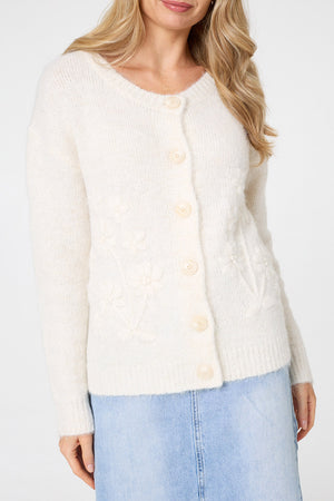 White | Floral Embroidered Textured Cardigan
