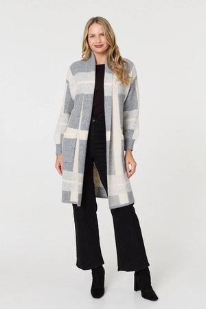 Grey | Checked Open Front Longline Cardigan
