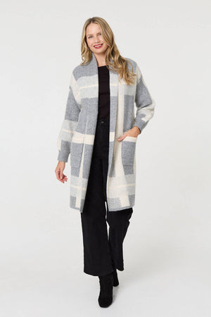 Grey | Checked Open Front Longline Cardigan

