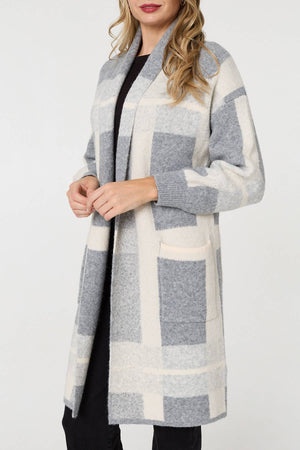 Grey | Checked Open Front Longline Cardigan
