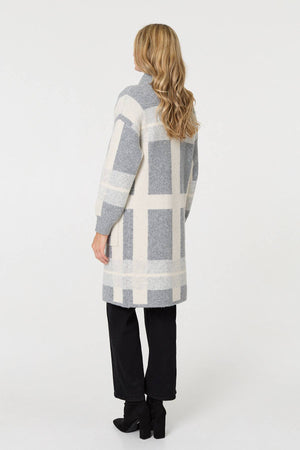 Grey | Checked Open Front Longline Cardigan
