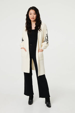 Cream | Floral Trim Detail Longline Cardigan
