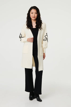 Cream | Floral Trim Detail Longline Cardigan
