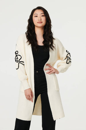 Cream | Floral Trim Detail Longline Cardigan
