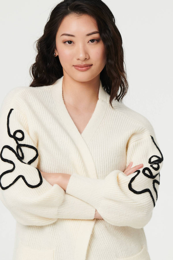 Cream | Floral Trim Detail Longline Cardigan
