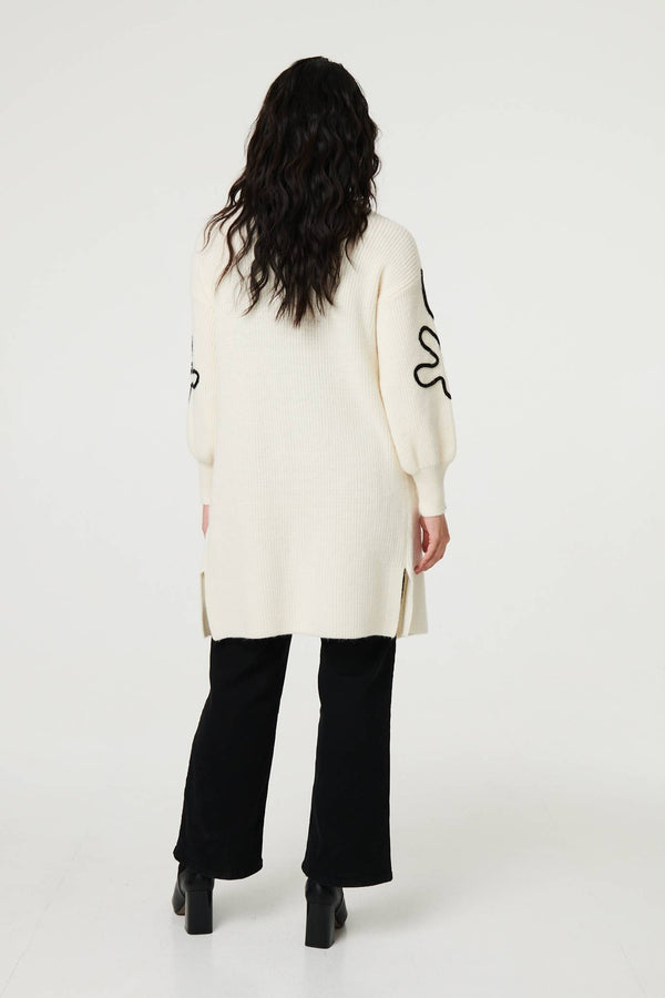 Cream | Floral Trim Detail Longline Cardigan
